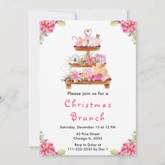 Invitation Fêtes Noël Tea Party rose (Devant)