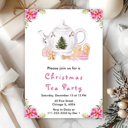 Invitation Fêtes Noël Tea Party rose