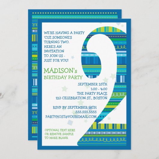 Invitation Fêtes Numéro 2 Deuxième fête d'anniversaire (Devant / Derrière)