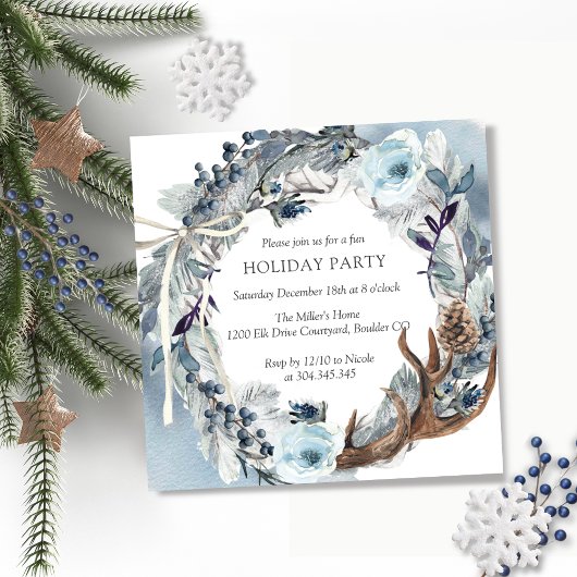 Invitation Fêtes ou fête de Noël, Couronne bleu rustique