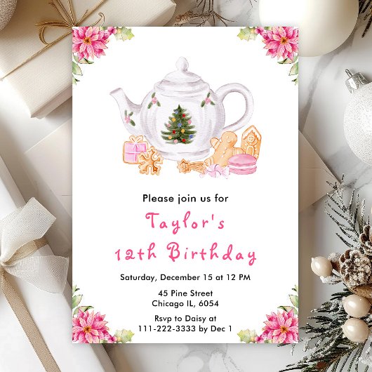 Invitation Fêtes Thé de Noël Anniversaire Fête Rose