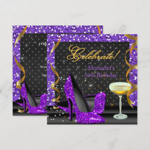 Invitation Fêtez Anniversaire Paillettes Or Violet Noir
