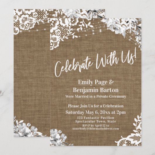 Invitation Fêtez Avec Nous ! Burlap Lace Floral Lights Party (Devant / Derrière)