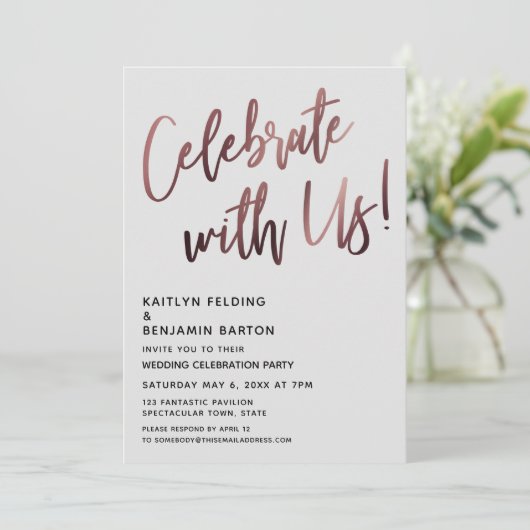 Invitation Fêtez Avec Nous ! Écriture manuscrite rose or gris (Debout devant)