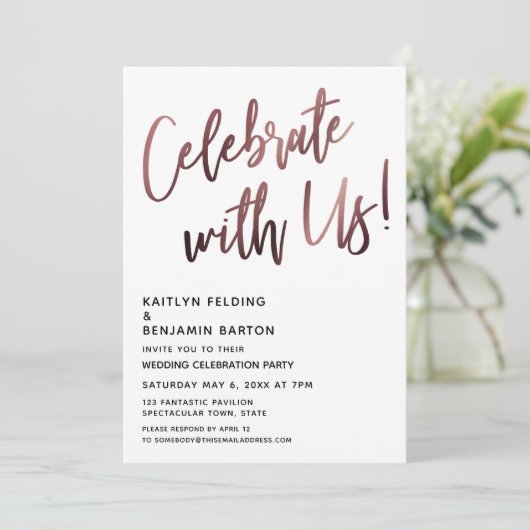 Invitation Fêtez Avec Nous ! Écriture simple avec Rose Gold (Debout devant)