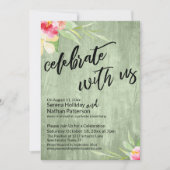 Invitation Fêtez avec nous Fleurs aquarelles et bois vert (Devant)