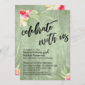 Invitation Fêtez avec nous Fleurs aquarelles et bois vert (Devant / Derrière)