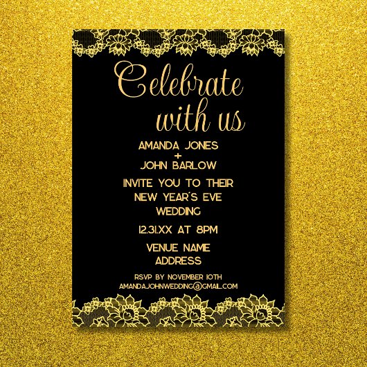 Invitation Fêtez avec nous Gold Floral Mariage du Nouvel An