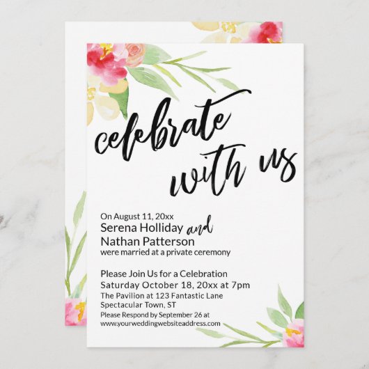 Invitation Fêtez avec nous l'écriture manuscrite et les fleur (Devant / Derrière)