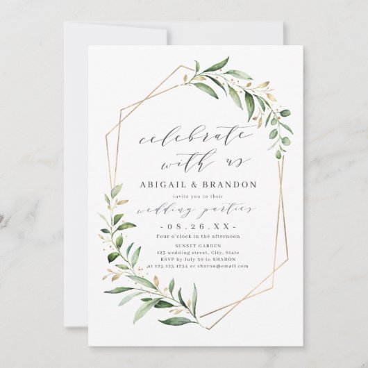 Invitation Fêtez Avec Nous ! Mariage géométrique verdoyant (Devant)
