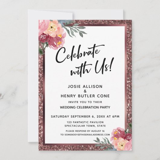 Invitation Fêtez Avec Nous ! Parties scintillant et fleurs en (Devant)