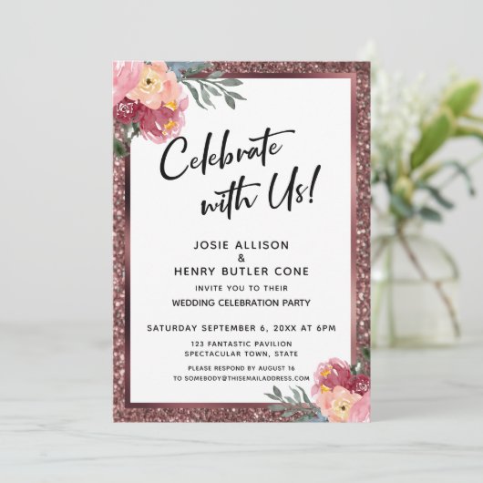 Invitation Fêtez Avec Nous ! Parties scintillant et fleurs en (Debout devant)