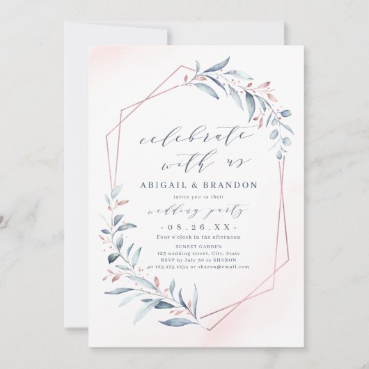 Invitation Fêtez Avec Nous ! Rose Gold Dusty Blue Greenery (Devant)