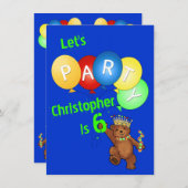 Invitation Fêtons 6 Anniversaires Ours Prince (Devant / Derrière)