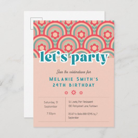 Invitation "Fêtons" Fleur rétro enfant, rose (Devant / Derrière)