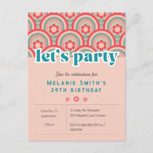 Invitation "Fêtons" Fleur rétro enfant, rose (Devant)