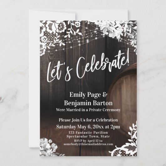 Invitation Fêtons ! Fleurs de dentelle en tonneau de bois (Devant)