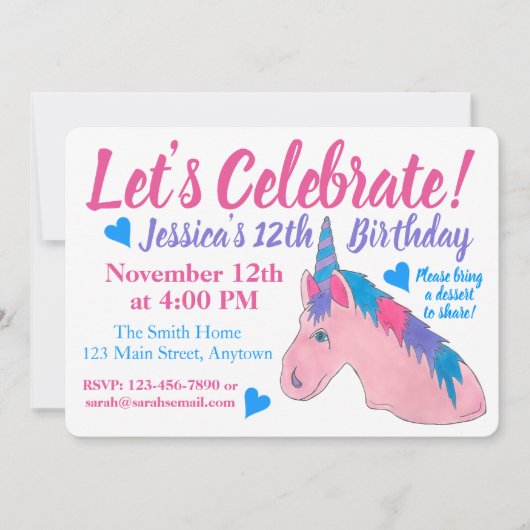 Invitation Fêtons la Licorne Rose Violet pour son Anniversair (Devant)