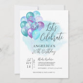 Invitation Fêtons l'anniversaire des ballons Turquoises pourp (Devant)