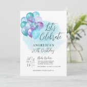 Invitation Fêtons l'anniversaire des ballons Turquoises pourp (Debout devant)