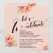 Invitation Fêtons les cœurs écriture florales rose blush (Devant / Derrière)