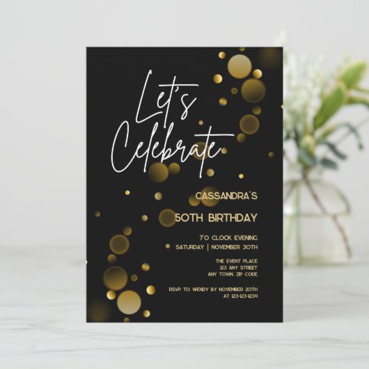 Invitation Fêtons l'or Bokeh Gradient Noir Anniversaire (Debout devant)