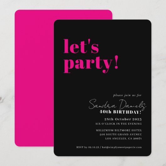 Invitation FÊTONS modern minimal anniversaire noir rose (Devant / Derrière)