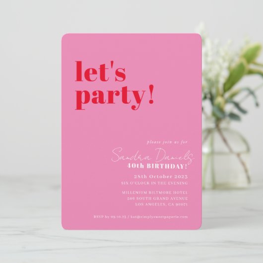 Invitation FÊTONS modern minimal anniversaire rouge rose (Debout devant)