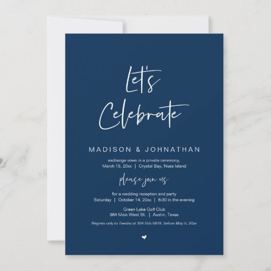 Invitation Fêtons, Navy Blue, Mariage Elopement Party (Devant)