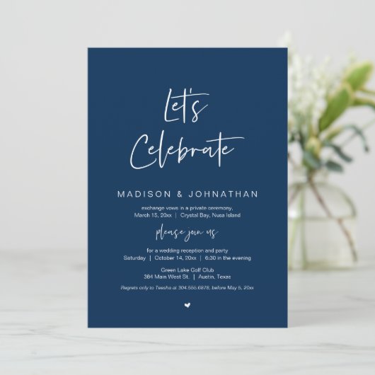 Invitation Fêtons, Navy Blue, Mariage Elopement Party (Debout devant)