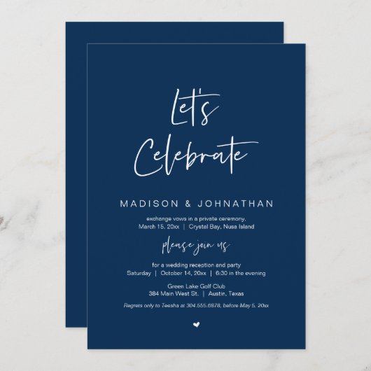Invitation Fêtons, Navy Blue, Mariage Elopement Party (Devant / Derrière)