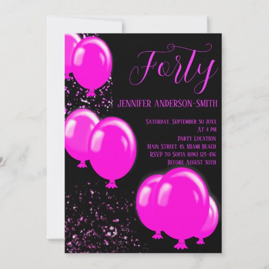 Invitation Fêtons ! Quarante fabuleuse fête noire rose (Devant)