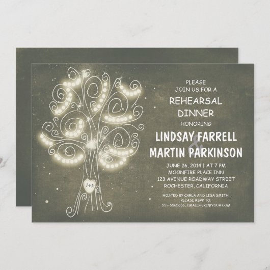 Invitation feu à cordes arbre répétition rustique dîner (Devant / Derrière)