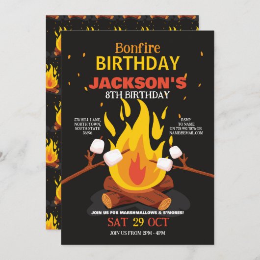 Invitation Feu d'anniversaire Jardin S'Mores Marshmellow (Devant / Derrière)