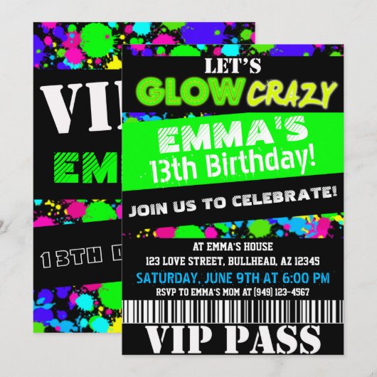 Invitation Feu dans le noir Neon Party VIP Pass Anniversaire (Devant / Derrière)