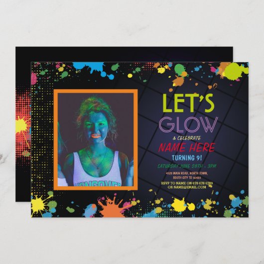 Invitation Feu dans l'obscurité fête d'anniversaire photo Neo (Devant / Derrière)