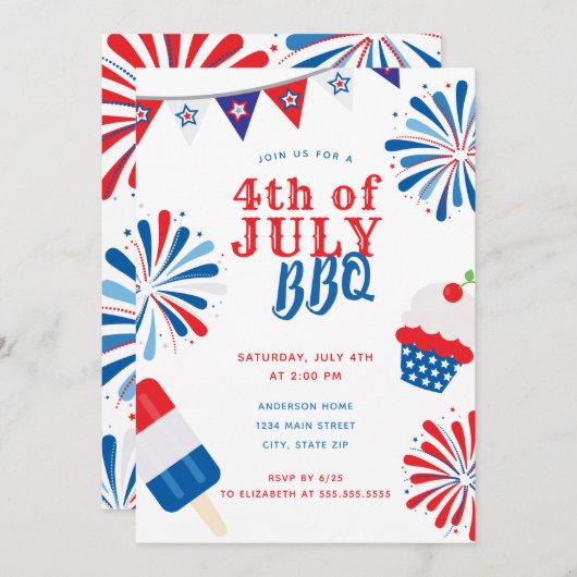 Invitation Feu d'artifice 4 juillet BBQ (Devant / Derrière)