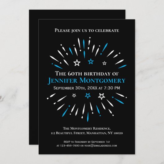 Invitation Feu d'artifice Black Blanc Bleu 60e fête d'anniver (Devant / Derrière)