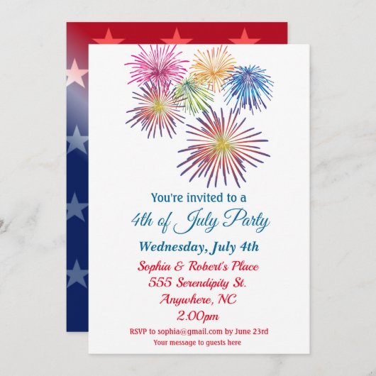 Invitation Feu d'artifice coloré 4 juillet fête (Devant / Derrière)