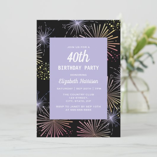 Invitation Feu d'artifice coloré moderne Noir Anniversaire (Debout devant)