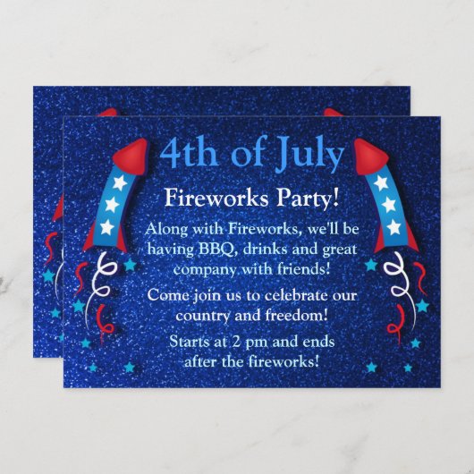 Invitation Feu d'artifice de la Glittery Rocket 4 juillet Inv (Devant / Derrière)