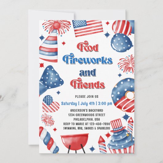 Invitation Feu d'artifice du 4 juillet Drapeau américain Fête (Devant)