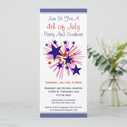 Invitation Feu d'artifice et étoiles sur le parti White 4 jui (Debout devant)