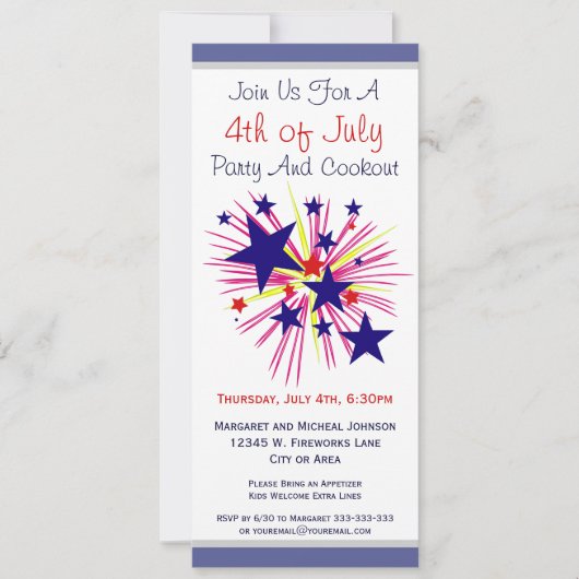 Invitation Feu d'artifice et étoiles sur le parti White 4 jui (Devant)