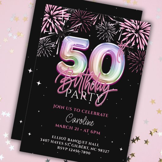 Invitation Feu d'artifice moderne 50e Pink Foil Anniversaire