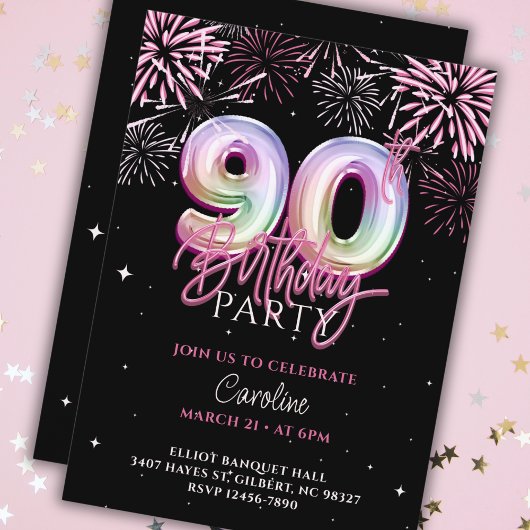 Invitation Feu d'artifice moderne 90e Pink Foil