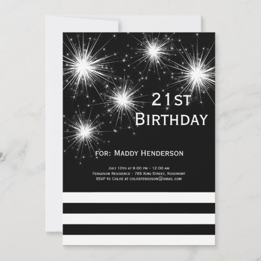 Invitation Feu d'artifice noir et blanc 21e anniversaire Invi (Devant)