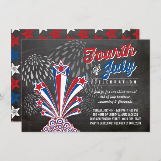 Invitation Feu d'artifice patriotique 4 juillet Rustique BBQ (Devant / Derrière)