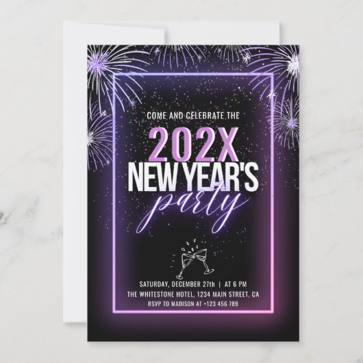 Invitation Feu d'artifice rose Neon Nouvel An (Devant)