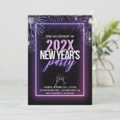 Invitation Feu d'artifice rose Neon Nouvel An (Debout devant)